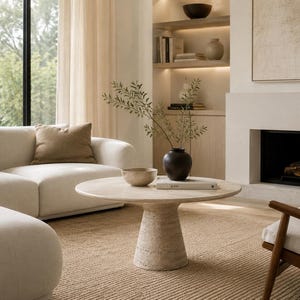 May include: A modern living room with a neutral color palette. A cream-colored sofa with a brown pillow sits near a round, light-colored coffee table. A black vase with greenery and a small bowl are on the table. A fireplace and large window are in the background.