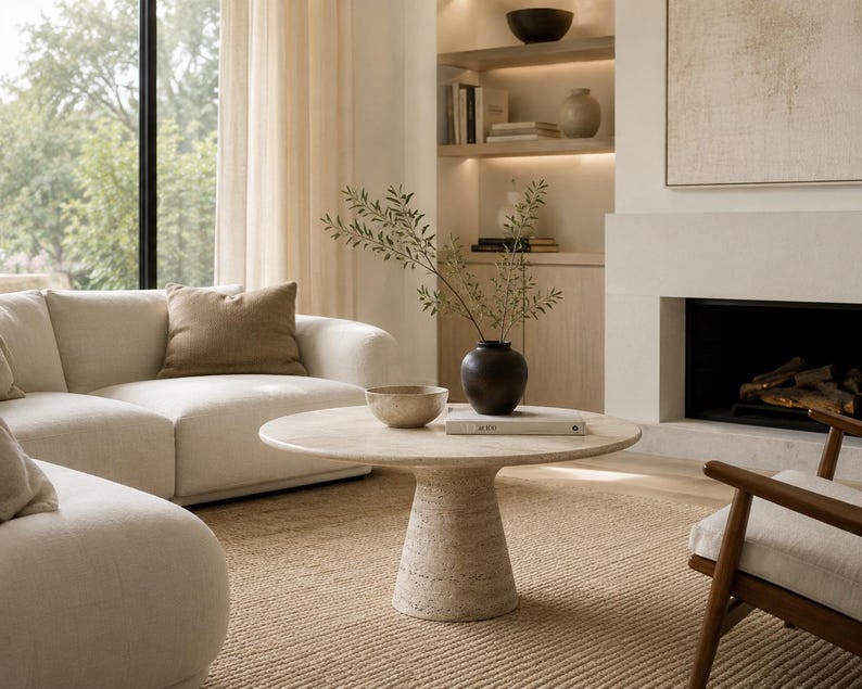 May include: A modern living room with a neutral color palette. A cream-colored sofa with a brown pillow sits near a round, light-colored coffee table. A black vase with greenery and a small bowl are on the table. A fireplace and large window are in the background.