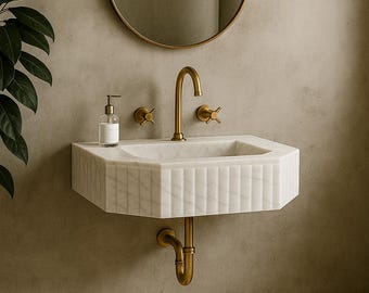 Custom Carrara Marble Vessel Sink, Hand-Carved Natural Stone Basin, Real Stone Basin, Custom Marble Sink, Grooved Marble Floating Sink