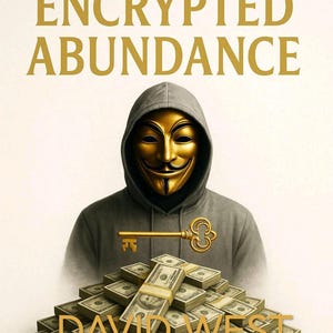May include: Book cover with the title "ENCRYPTED ABUNDANCE" in gold lettering. A person wearing a gold mask and gray hoodie is centered, with a gold key and stacks of money. The author's name, DAVID WEST, is at the bottom.