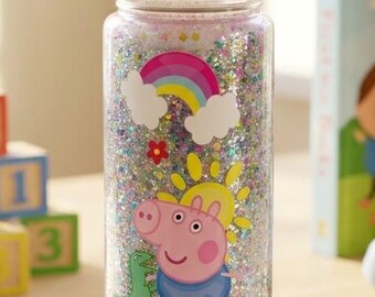 Glitter Snowglobe Water Bottle - Kids Flip-Straw Tumbler with Rainbows & Characters.