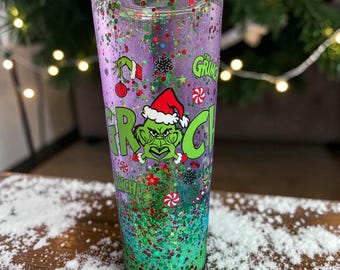 24 oz Grinch Snow Globe Tumbler | Holiday Glitter Drinkware (Acrylic)