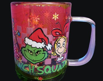Festive Holiday "Grinch Squad" Snow Globe Glass Mug