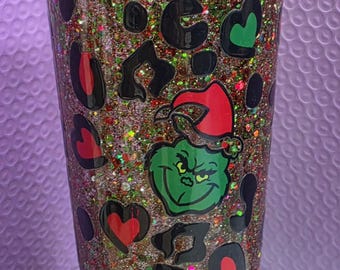Grinch Snowglobe Tumbler | Glitter Leopard Print, Christmas Lights (24oz)