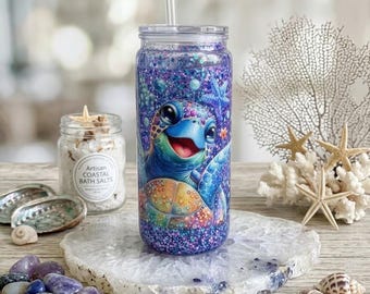 Handcrafted Sea Turtle Acrylic Snowglobe Tumbler | Glitter Ocean Gift (20 oz)