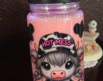 Highland Cow Tumbler | Pink Glitter Liquid Motion, Hot Mess Cow (10 oz)