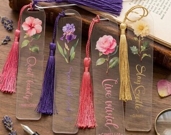 Floral Acrylic Acrylic Bookmark with Tassel | Botanical Flower Bookmarks with Quotes | Gift for Book Lovers, Teachers & Readers