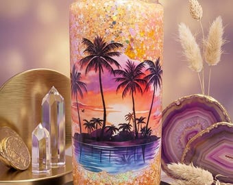 Tropical Sunset Snowglobe Tumbler | 20 oz Acrylic Glitter Cup with Palm Trees (Travel Mug)