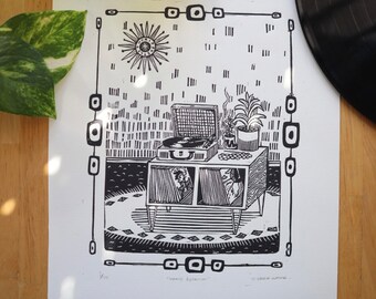Heavy Rotation Record Player Block Print