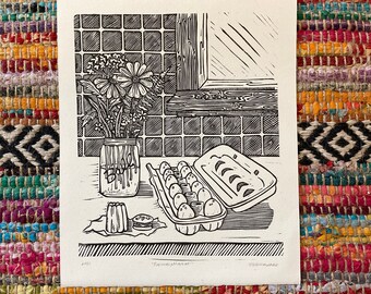 Farmers Market Linocut Print: Handmade Kitchen Still Life