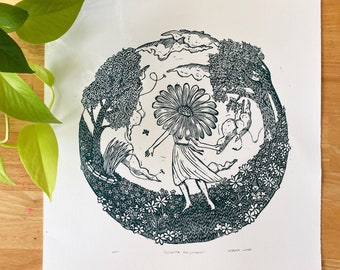 Hand Carved Sunshine Daydream Woodblock Relief Print/ Wall Hanging/ Art/ Free Shipping