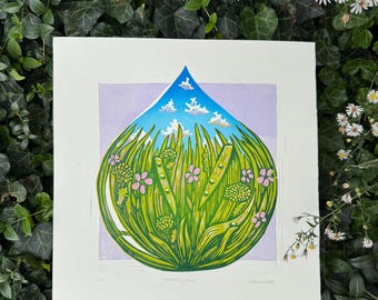 Hand carved and Printed "Morning Dew" Reduction Block Print