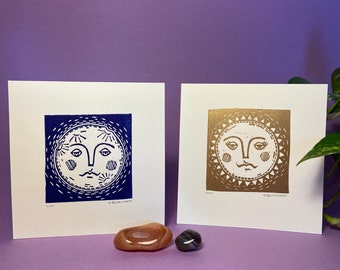 Sun and Moon Block Print: Handmade Celestial Wall Art