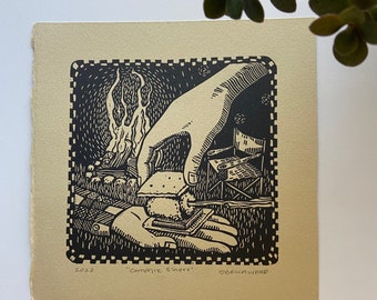Campfire Smore Relief Block Print Wall Art