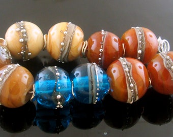 MTO--Organic Neutral Brown Ivory Sandalwood Aqua and Golden Harvest beads decorated with lots of silver glass applications