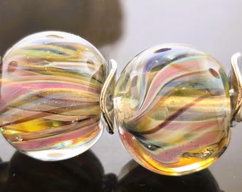 Handmade  Silver Pink and Blue Twisty and Encased  Round Lampwork Bead Pair