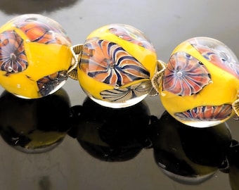 Handmade Lampwork Beads Set: Yellow with Striking Silver Murini Encased Big Beads