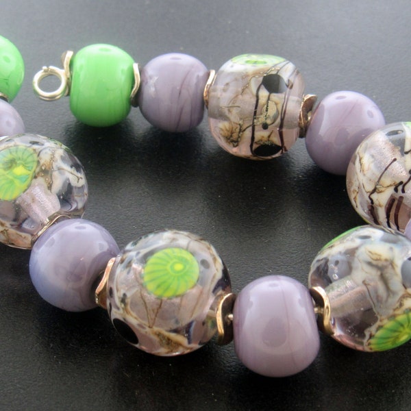 Handmade Lavender, Silvered Ivory and Green Lampwork Beads with Spacer