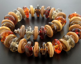 Handmade Lampwork Disk Bead Set: Organic Brown Tones, Silver Detail (MTO)