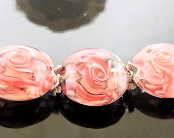 Handmade Lampwork Beads Set: Clear with a Pink Rose and Black Twisty and 2 twirls Lentils