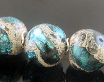 Made To Order (MTO)—Handmade Silvered Ivory Decorated with Silver Dark Aqua Encased Round Lampwork Bead Set