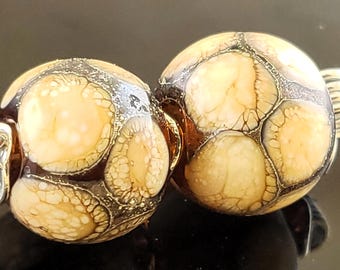 Handmade Lampwork Earring Beads: Silver Brown with Ivory Dots