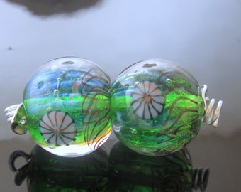 Made To Order (MTO) –Handmade Silver Green Blue Ribbed Decorated with Striking Silver Murini Encased Round Lampwork Bead Pair
