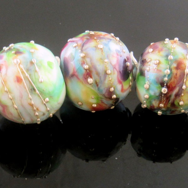 Handmade Pink with Multi-Colored Frit Swirled with Fine Silver Detail Rounds  Lampwork Beads