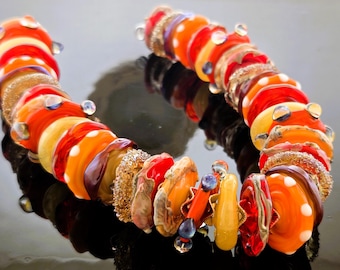 Handmade Lampwork Disk Beads: 40 Hot Summer Disk set with Silver Accents