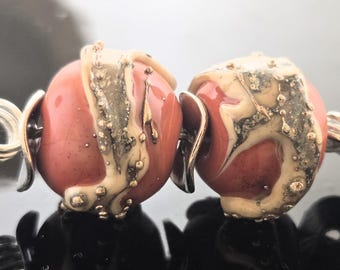 Handmade Coral Lampwork Earring Beads: Silvered Ivory Shards and Fine Silver Detail