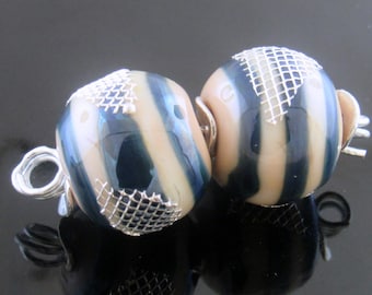 MTO--Handmade Ivory with Silver Blue and Fine Silver Mesh Round Lampwork Beads