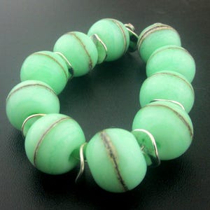 Made To Order (MTO) –Handmade  Mint Green Decorated with Silvered Ivory Stringer Round Etched to Matte Finish Lampwork Beads