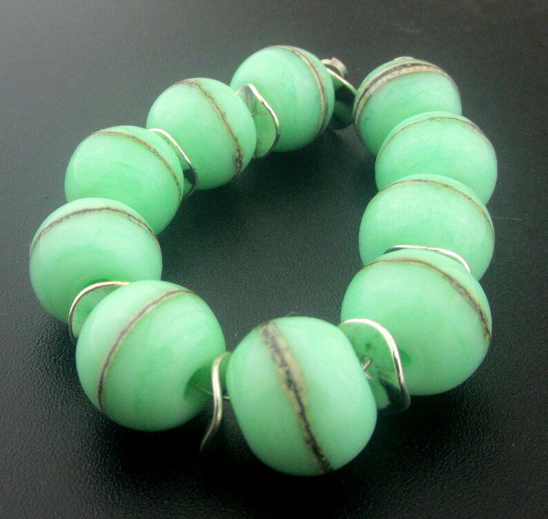 Made To Order (MTO) –Handmade  Mint Green Decorated with Silvered Ivory Stringer Round Etched to Matte Finish Lampwork Beads