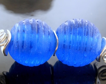 Made To Order (MTO) –Handmade Silver Bright Blue Ribbed Etched to a Matte Soft Finish Round Earring Lampwork Beads