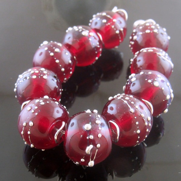 Made To Order(MTO) –Handmade Transparent Cherry Red decorated with loads of Fine Silver Trail Round Lampwork Bead Set