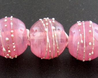 Made To Order(MTO) –Handmade Pink Veiled Cane Encased Decorated with Fine Silver Trail Round Lampwork Bead Set