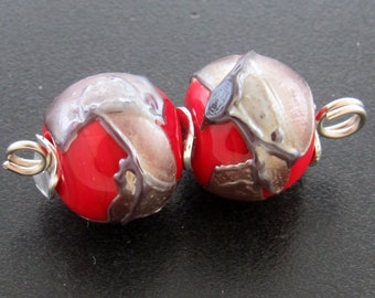 Made To Order (MTO) --Handmade Red Wrapped in Silver Plum Shards lampwork bead earring pair