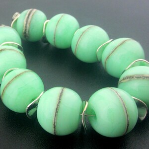 Made To Order (MTO) –Handmade  Mint Green Decorated with Silvered Ivory Stringer Round Etched to Matte Finish Lampwork Beads
