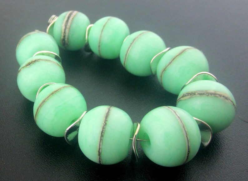 Made To Order (MTO) –Handmade  Mint Green Decorated with Silvered Ivory Stringer Round Etched to Matte Finish Lampwork Beads
