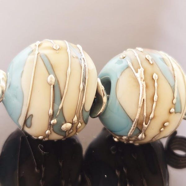 Handmade Lampwork Earring Pair: Turquoise, Ivory, and Fine Silver--Made To Order (MTO)
