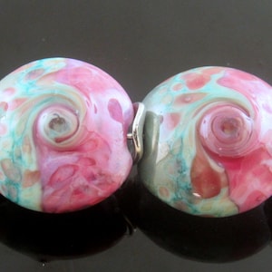Handmade Lampwork Lentil Beads: Copper Green, Purple Rose, Fuchsia Frit Pair(MTO)