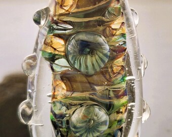 Handmade Copper Green Decorated with Spiral of Silvered Ivory Encased with Silver Murini clear capped Long Flat Focal Lampwork Bead