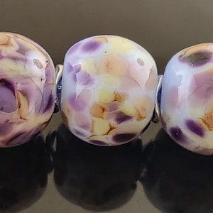 Handmade Lilac rolled in Multi colored frit Round Lampwork Bead Set