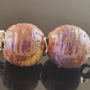Made To Order (MTO) –Handmade Silver Opal Yellow decorated with Silver Foil and Purple Rose Ribbed Round Lampwork Earring Bead Pair
