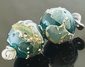 Handmade Sea Green Decorated with Silvered Ivory and Fine Silver Trail Round Lampwork Earring Beads