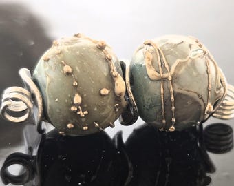 Handmade  Copper Green Lampwork Earring Beads: Silvered Ivory Shards and Fine Silver Detail
