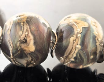 Handmade Lampwork Beads: Striking Silver Decorated with Silvered Ivory Spiral and Fine Silver Trail Encased Focal Rounds Pair