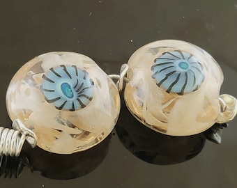 Handmade Ivory Encased with Blue Mrini Lentil Lampwork Bead Pair