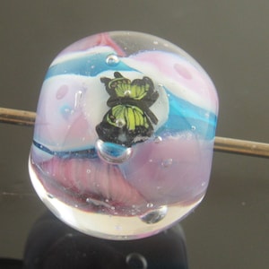 Handmade Organic Aqua Decorated With Silver Murrini and Butterfly Encased  Round Focal Lampwork Bead