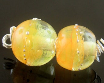 Made To Order (MTO) –Handmade Veiled Light Lemon and Sunny Yellow with Fine Silver dots Round Earring Pair Lampwork Beads